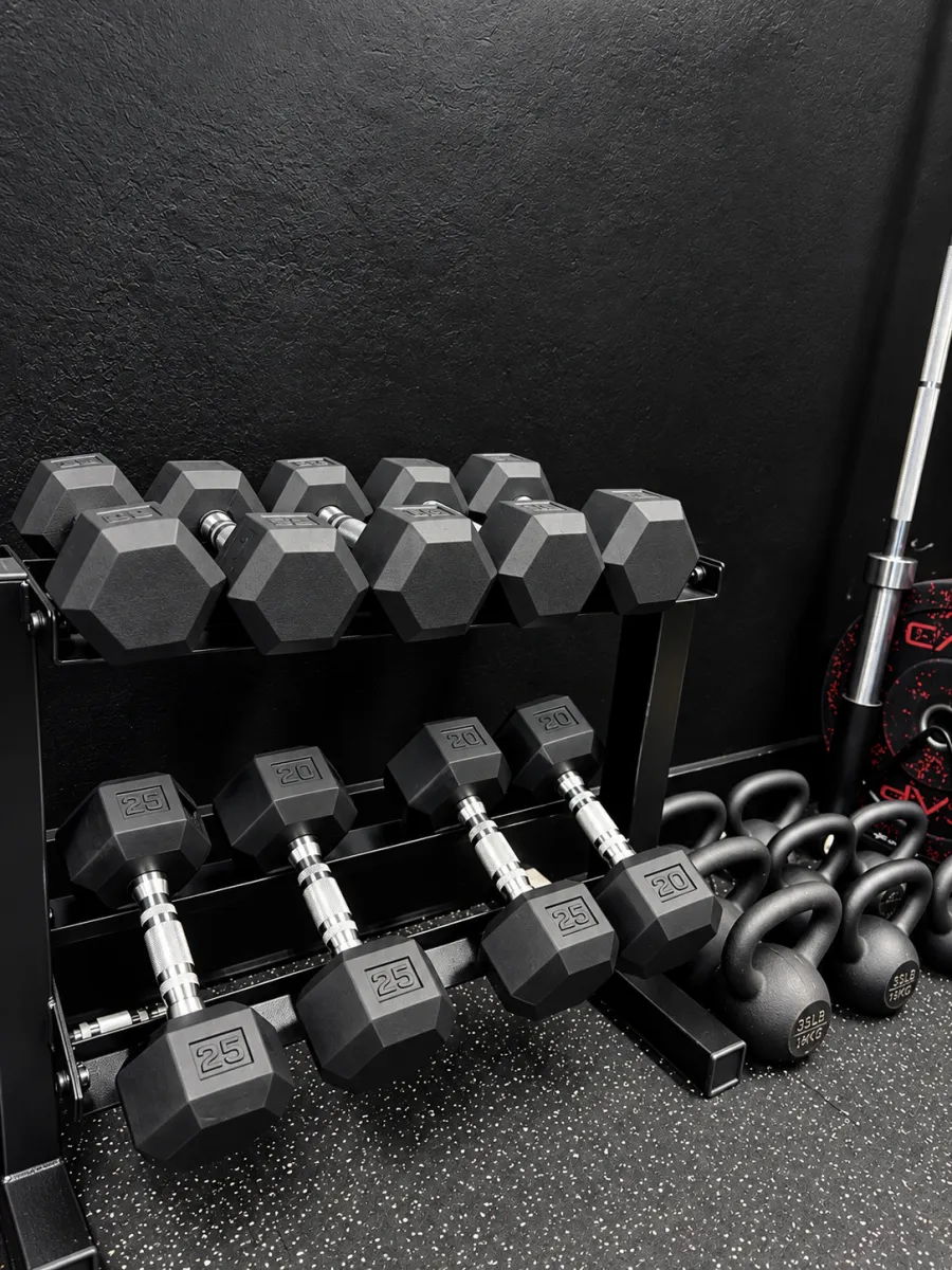 Dumbbell and kettlebell rack at BodyRhythm